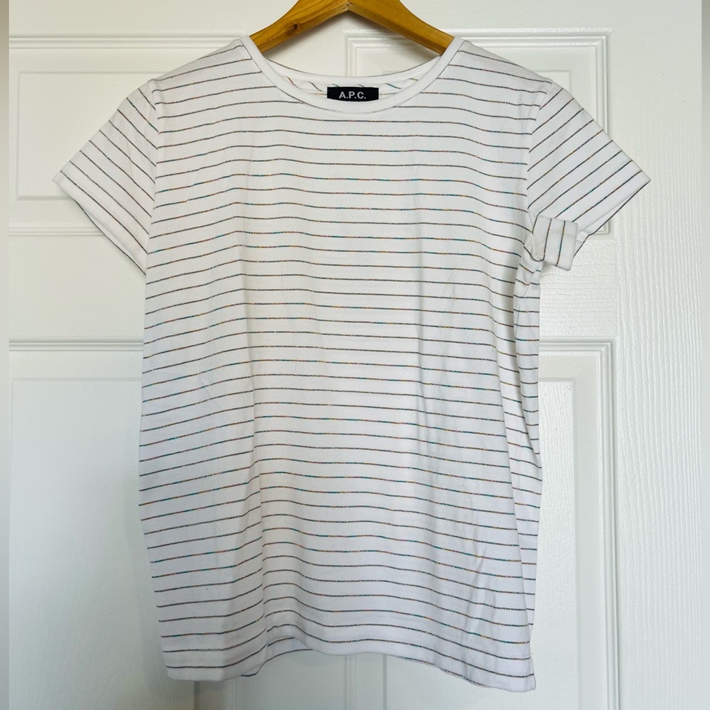 NWOT APC white cotton t-shirt with multicolor stripes - S